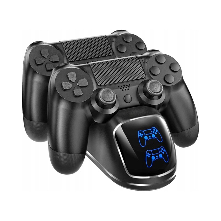 Statie de incarcare pentru 2 controllere PS4, neagra, 18,5x5,5x5,5cm, set cu cablu USB