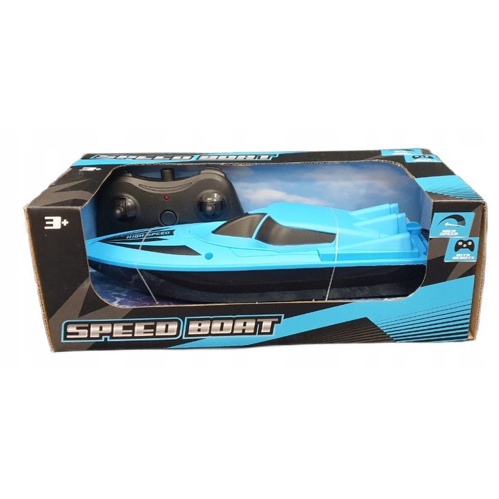 Barca cu telecomanda, motorina, albastru, 27x14x11cm, set cu pilot