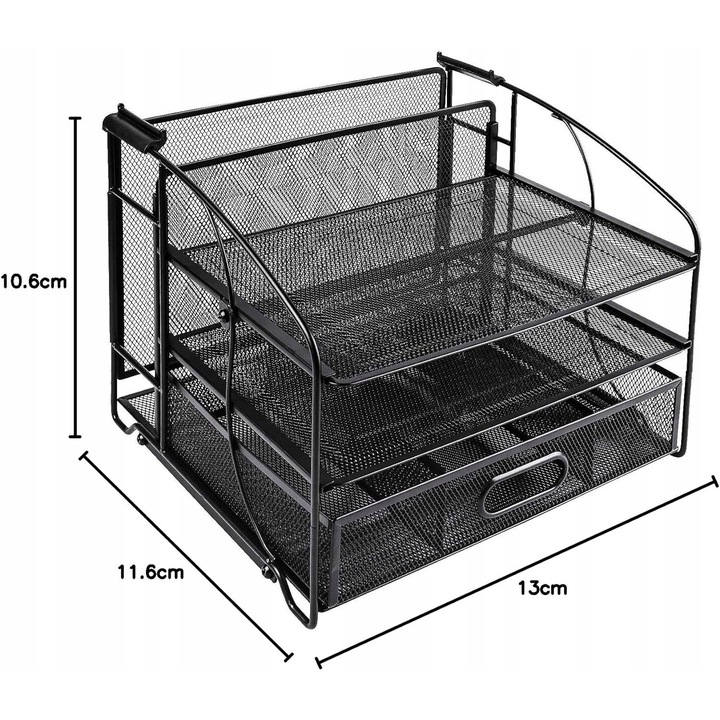 Organizer birou, 3 tavite cu sertar, negru, 10,6x11,5x13cm