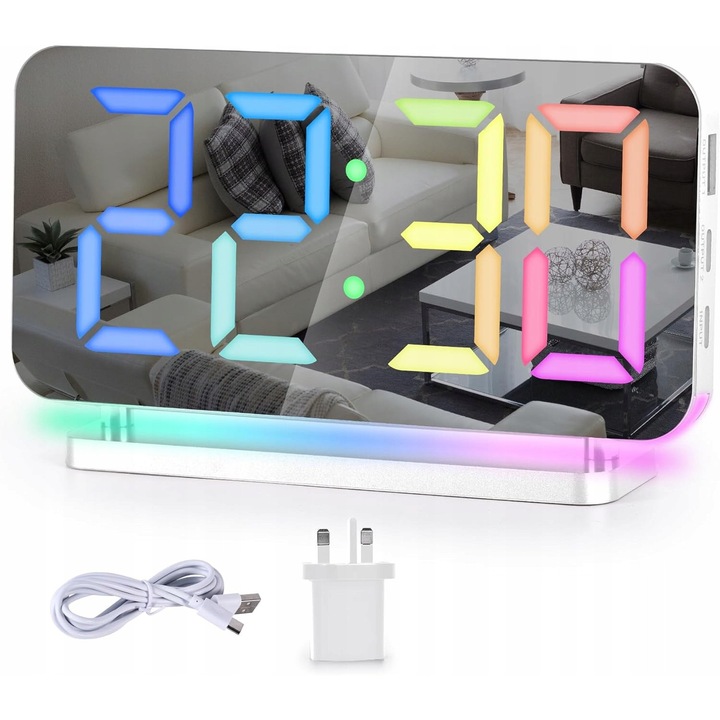 Dekoratív LED óra tükörrel, RGB, 7,4", 2 USB port, állítható méret, készlet