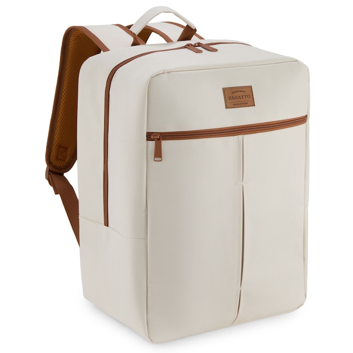 Rucsac voiaj, Zagatto ZG1097, Bagaj mana 40x30x20 cm, Rucsac calatorie avion, Compatibil Wizz Air, Ryanair, Atasabil la valiza, Buzunar laptop, Impermeabil, Capacitate 24L, 10 kg, Bej