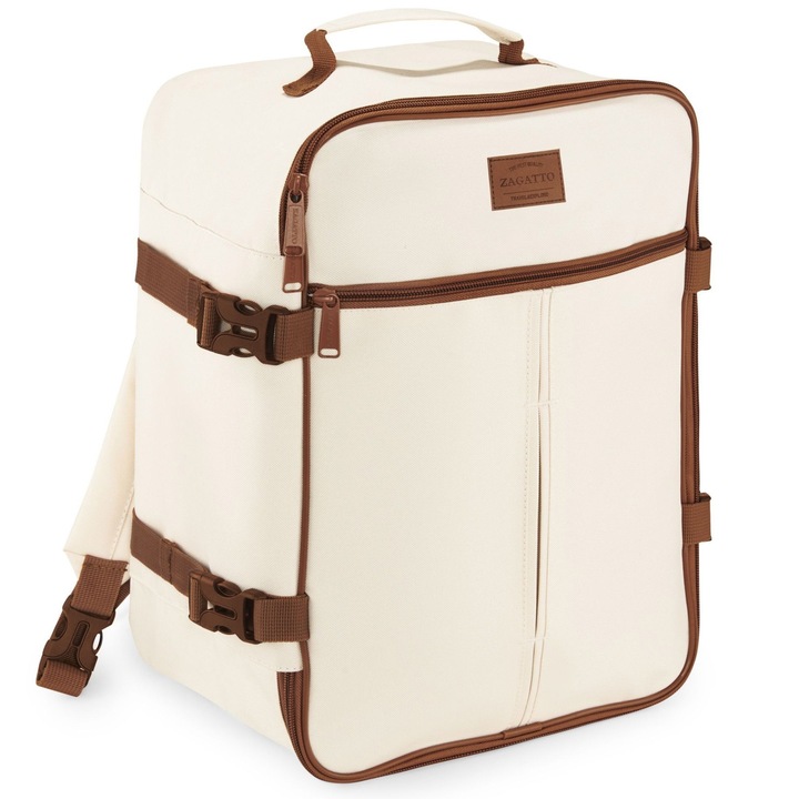 Раница за пътуване, Zagatto, Бежова, Ръчен багаж 40x30x20 см, Раница за самолет, Съвместима с Wizz Air, Компресионни презрамки, Прикрепяне към куфар, Водоустойчива, Вместимост 24л, 10 кг, Отваряне на 90 градуса, Горна и странична дръжка, ZG1100