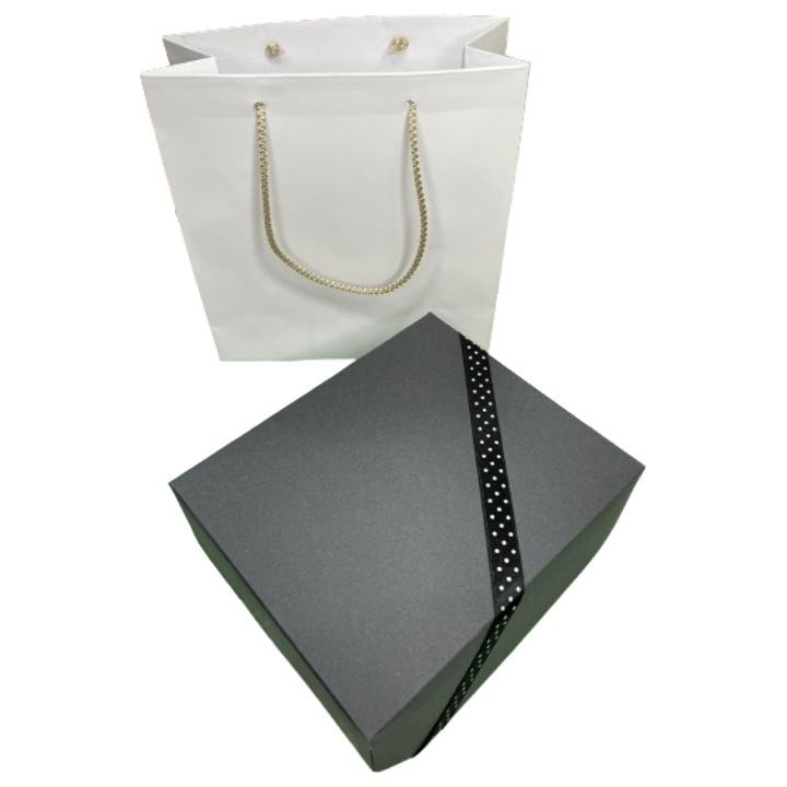 Set pentru cadou cutie si punga - Nicas - cutie carton negru cu bentita diverse culori cu buline 12, 5x15x6 cm - punga cadou 17x17x7 cm - Tip i + P17