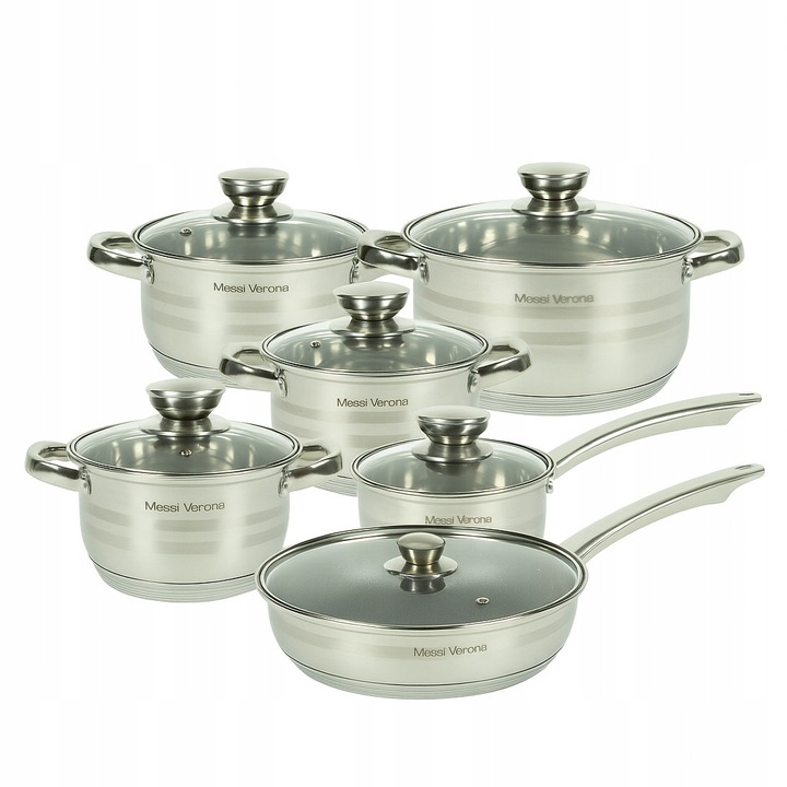 Set oale 12 elemente Messi Verona, inox, capac din sticla, fund inductie, 1,5L-5,5L