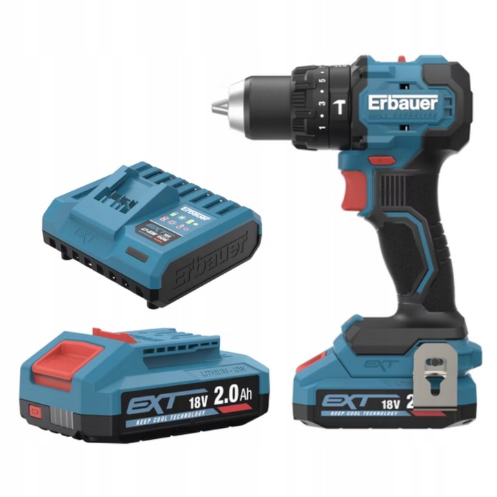 Wiertarko-vkretarka Erbauer G2, 18V, 2x2Ah, 75Nm, 13mm, LED