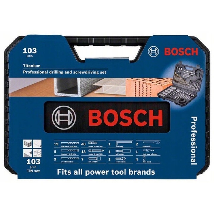 Set de burghie si biti Bosch V-Line 103 piese, titaniu, diverse dimensiuni