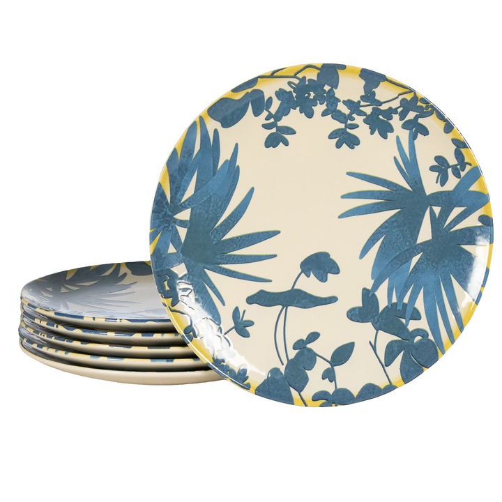 Set 6 farfurii intinse, 26 cm, Hawaii, Crem deschis cu frunze albastre