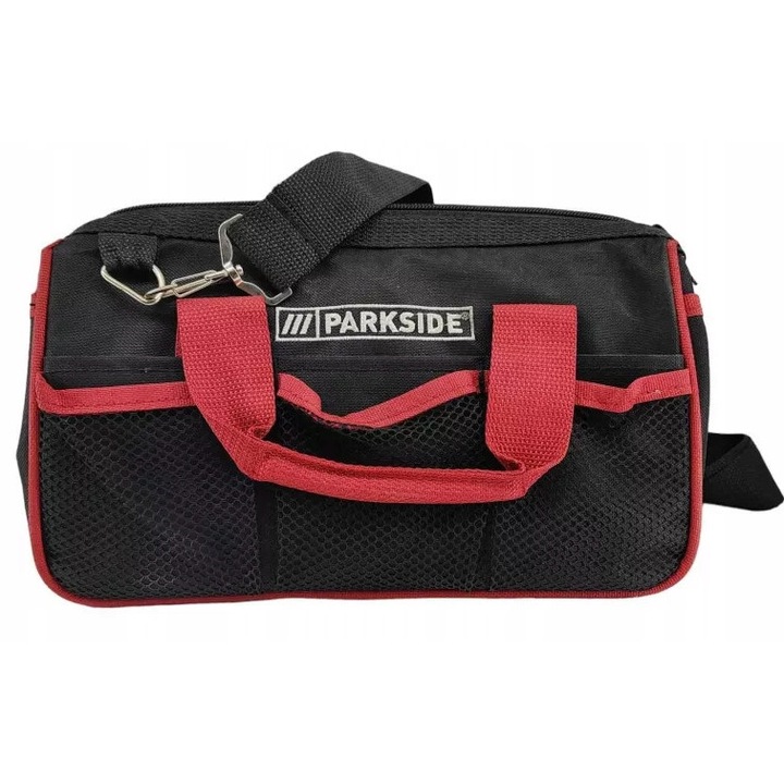 Parkside szerszámtáska, 38x20x15cm, fekete-piros, nagy kapacitású, strapabíró anyag