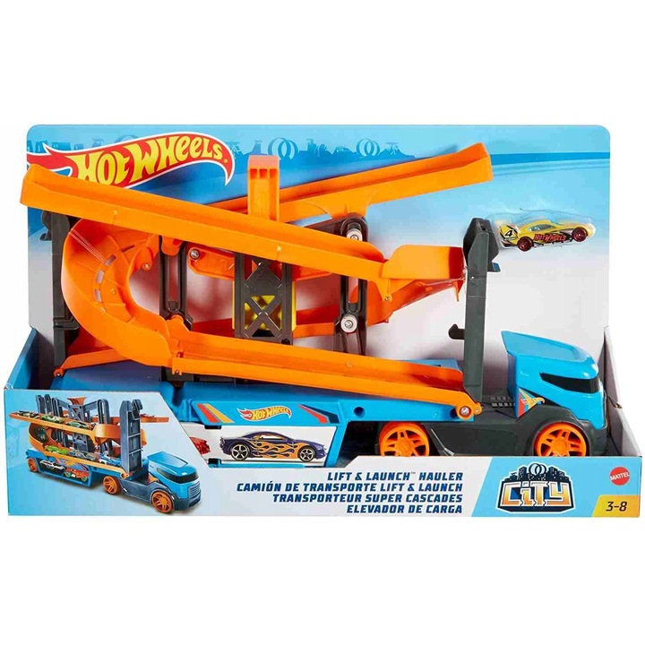 Количка автовоз с 2 писти + кола Hot Wheels, 4 места, многоцветна, за деца над 3 години