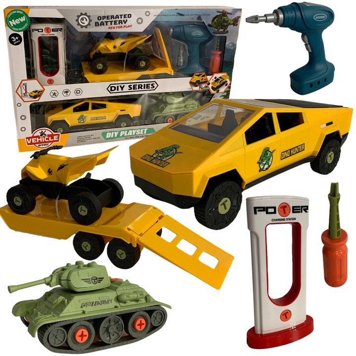 Maksik, összeszerelhető autós készlet utánfutóval, mozgó alkatrészes jármű, quad, tank, 51x11x31cm