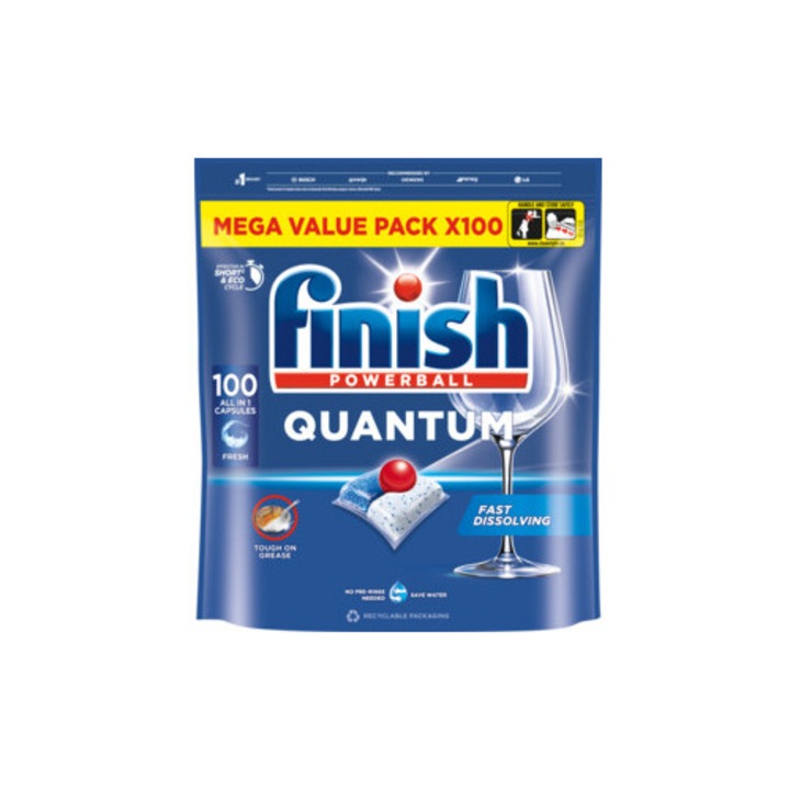 Detergent vase Finish Quantum All in 1, 100 tablete, 3-in-1, fara necesitatea de a pre-spala