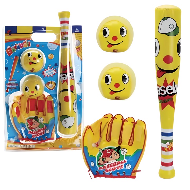 Set de baseball pentru copii, Maksik, 1 bat, 1 manusa, 2 mingi, multicolor, 46,5x27cm