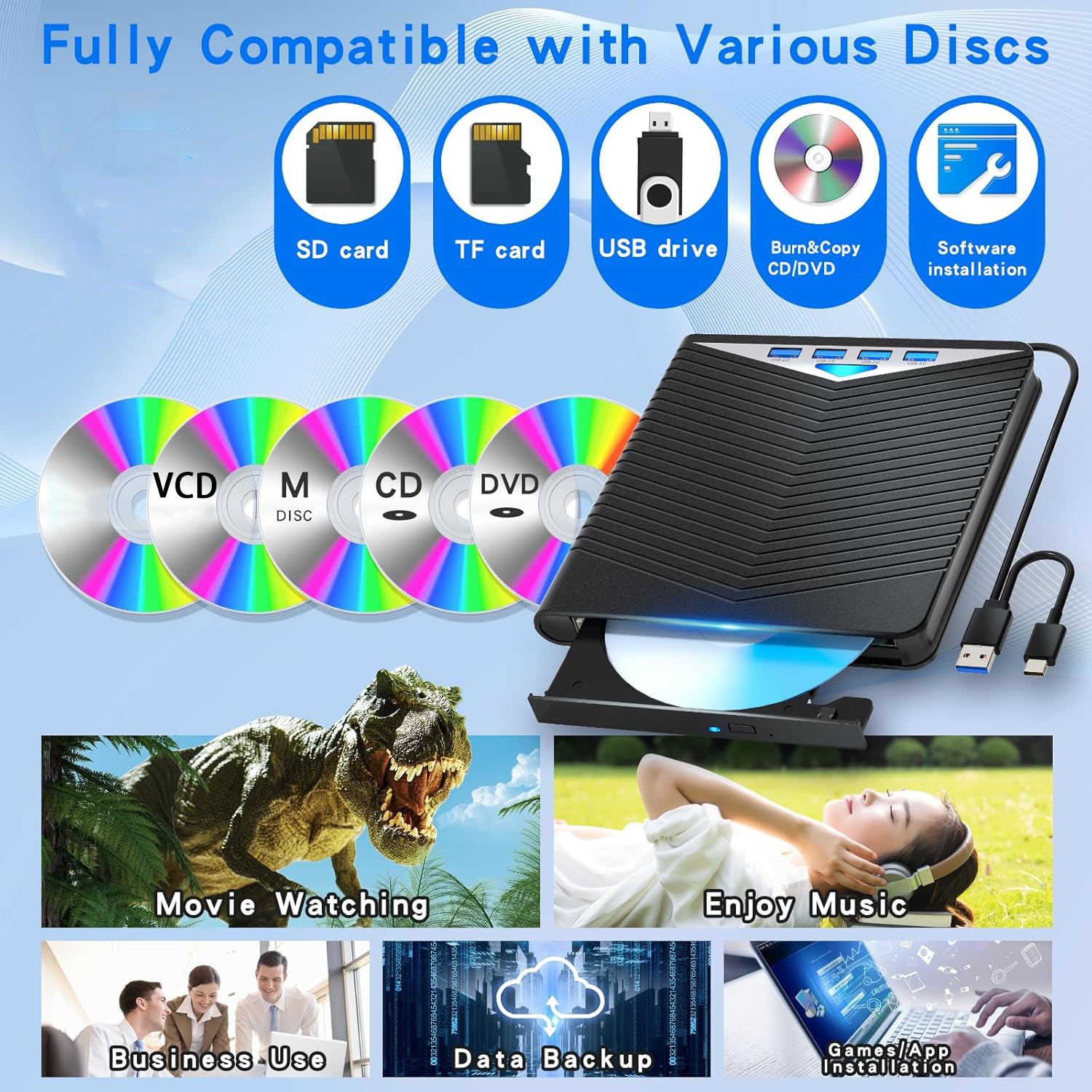 DVD writer extern, Plug&Play, Cd/DVD, USB 3.0, 2 cititoare carduri