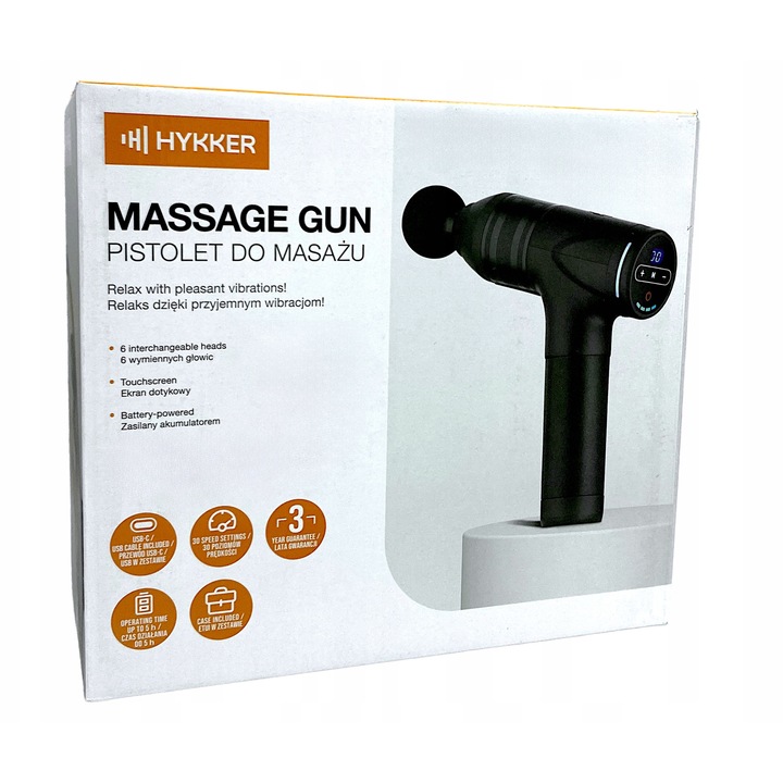 Pistol de masaj Hykker, 6 capete interschimbabile, alimentare USB-C, 30 viteze, portabil