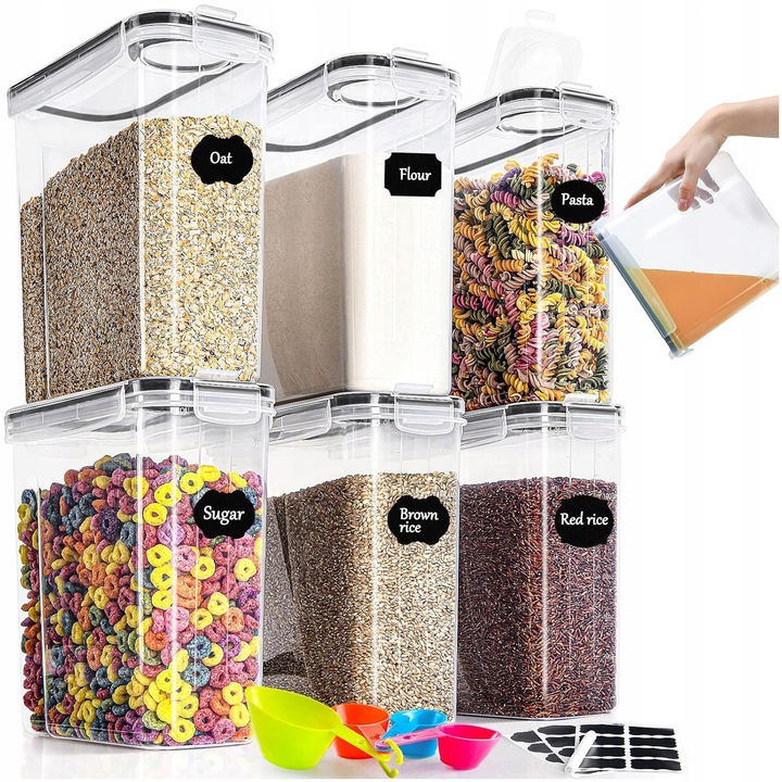 6 nagyméretű, BPA-mentes élelmiszertároló doboz, címkékkel, 4 mérőkanállal, 24x25x10cm