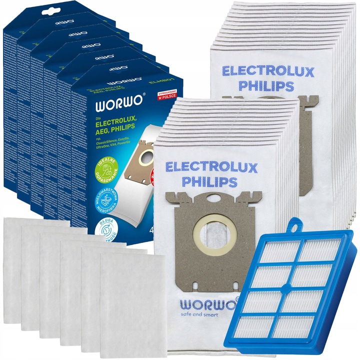 Set 24 saci de aspirator Worwo ELMB01K + 1 filtru HEPA, sintetic, pentru Electrolux, Philips, AEG