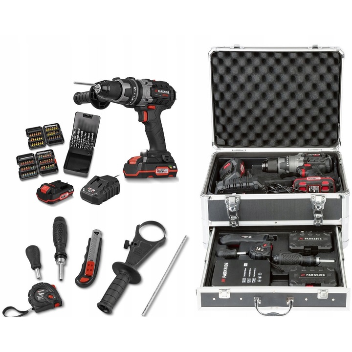 Aparat de gaurit si insurubat cu acumulator Parkside, 20V, 80 Nm, 2 acumulatori, set complet, 24x22,8x9,5 cm