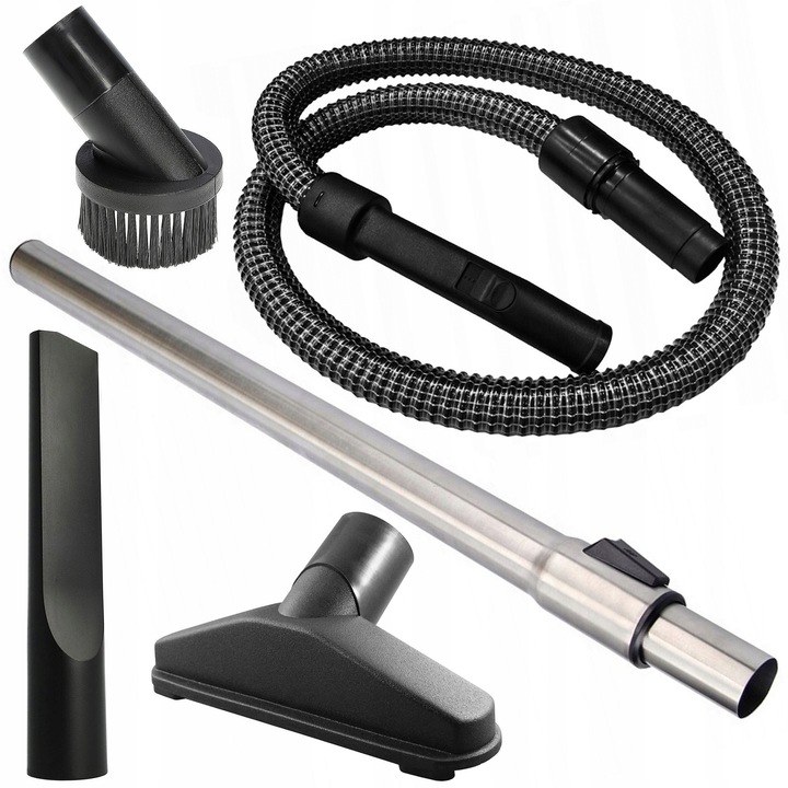 Set accesorii aspirator Profi&Home, 1 tub telescopic, 1 furtun zbroiat, 3 duze perii, 32mm, 200cm, negru-gri