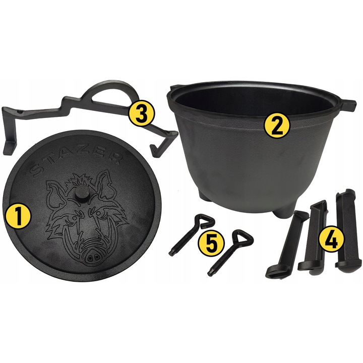 Kociolek zeliwny 8L cu picioare detasabile, negru, set complet pentru gatit la foc de tabara