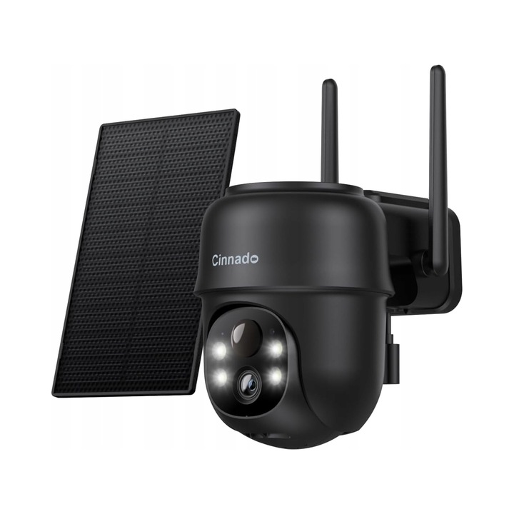 WiFi 2K Cinnado камера за наблюдение, въртяща се, със слънчев панел, черна, пълен комплект