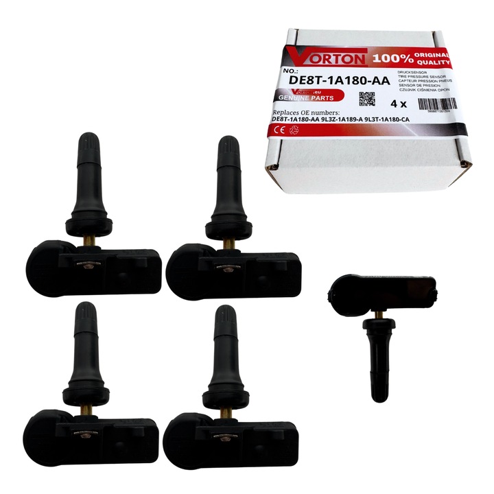 Set 4 Senzor de presiune in pneuri TPMS preprogramat VORTON Supapa roata cauciuc pentru FORD USA Edge Mustang V Expedition Explorer Flex Taurus Escape E-150 F-250 F-350 Super Duty Transit Connect