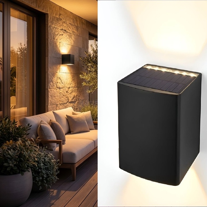 Lampa Solara Cub LED 300 Lumeni, Up and Down, Lumina Calda & RGB Color, Senzor Amurg, Design Modern Negru, Rezistenta la Apa, Ideala pentru Fatada, Gard sau Terasa