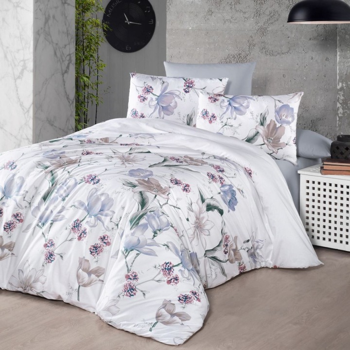 Dupla ágynemű, 100% pamut ranforce, 240x260 cm, 6 részes, First Choice, Layla bézs/szürke virágokkal