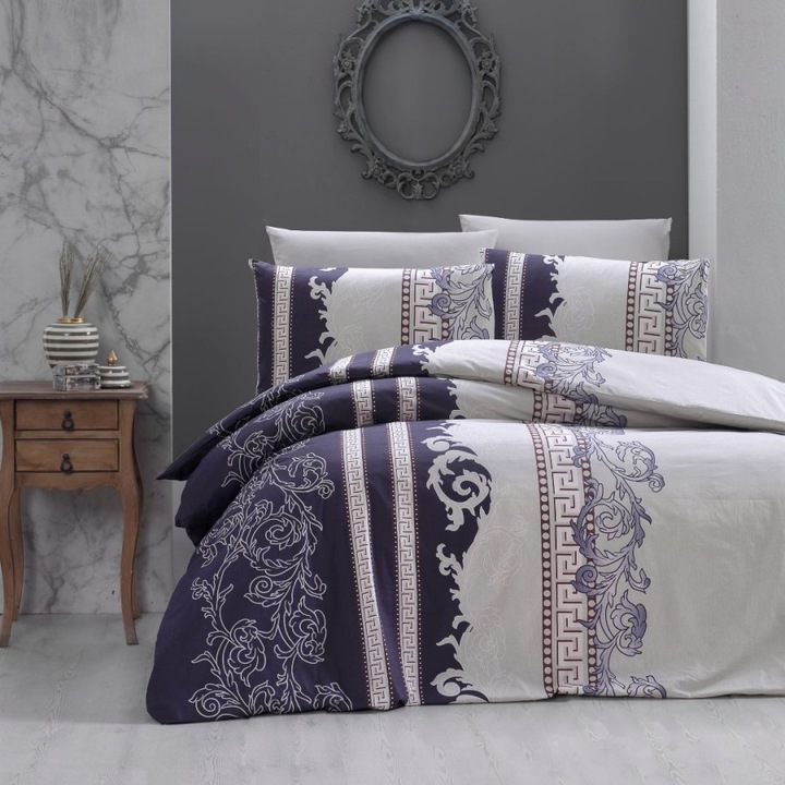 Dupla ágynemű, 100% ranforce pamut, 240x260 cm, 6 részes, First Choice, Wals indigó barokk