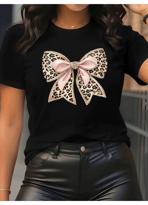 Tricou dama Pink Leopard Bow, funda cu detalii roz, stil fashion modern, Negru