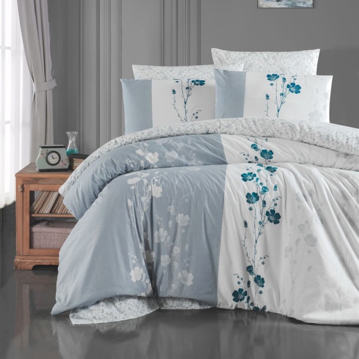 Dupla ágynemű garnitúra, 100% pamut ranforce, 240x260 cm, 6 részes, First Choice, Camelia Szürke virágokkal