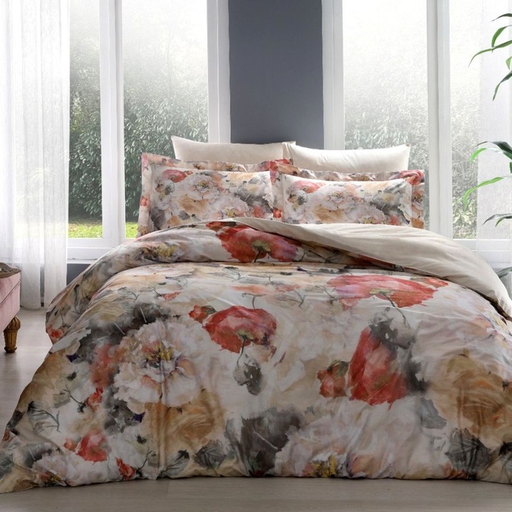 Комплект спално бельо за двойно легло, 100% памучен сатен, с дигитален принт, 6 части, 240x260 см, Tac Delux Digital, Charlene Бежов артистичен флорален