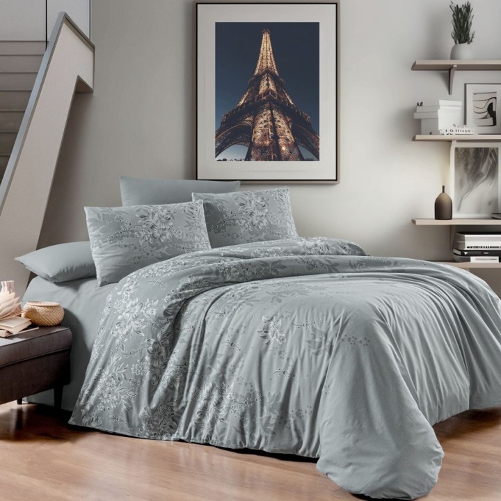 Dupla ágynemű, 100% pamut ranforce, 240x260 cm, 6 részes, First Choice, Rumisa szürke virágos