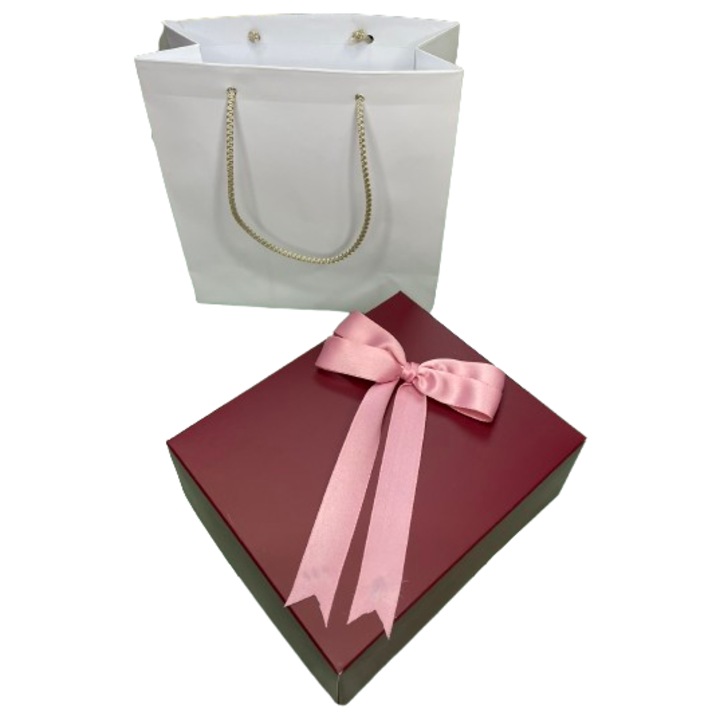 Set pentru cadou cutie si punga - Nicas - cutie carton visiniu cu fundita roz 12, 5x15x6 cm - punga cadou 17x17x7 cm - Tip i + P17