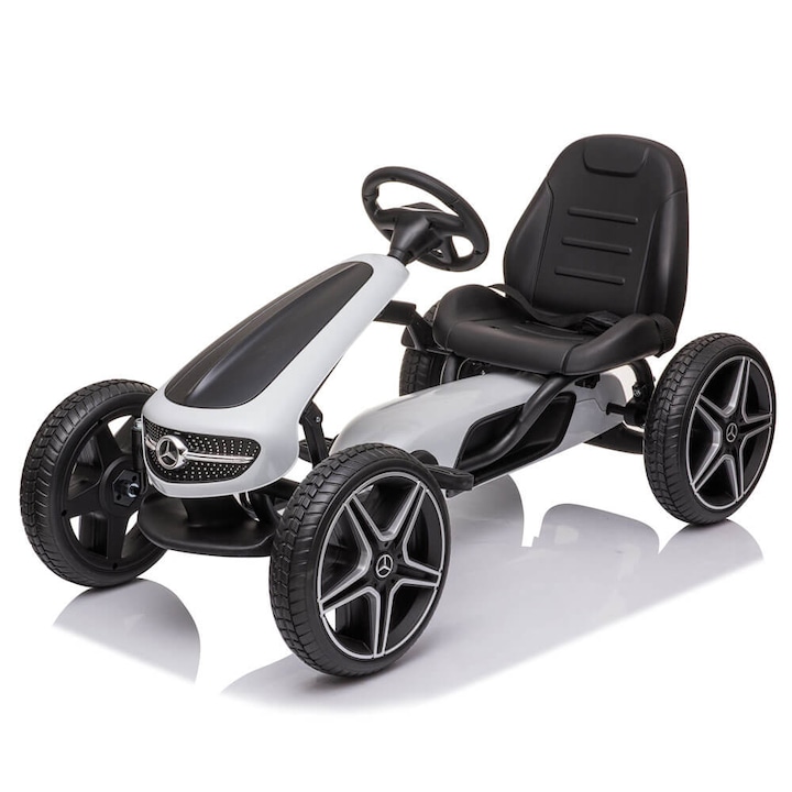Kart cu pedale pentru copii Mercedes XMX610, alb, Scaun reglabil, Roti cauciuc EVA, Volan cu sunete si claxon, Centura de siguranta