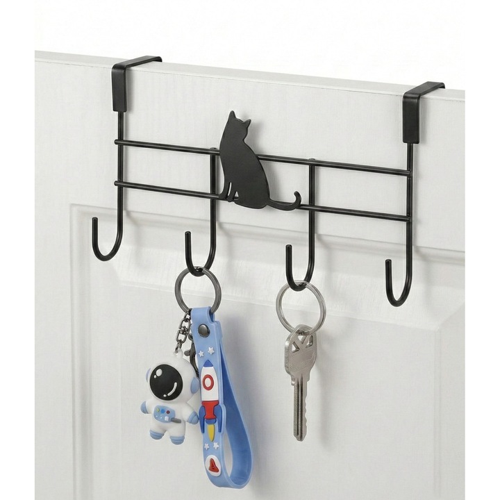 Cuier pentru Usa Aurov®, Model Pisica, cu 4 Agatatoare, Metalic, Montaj Fara Gaurire, 20.3 x 10.8 cm, Negru