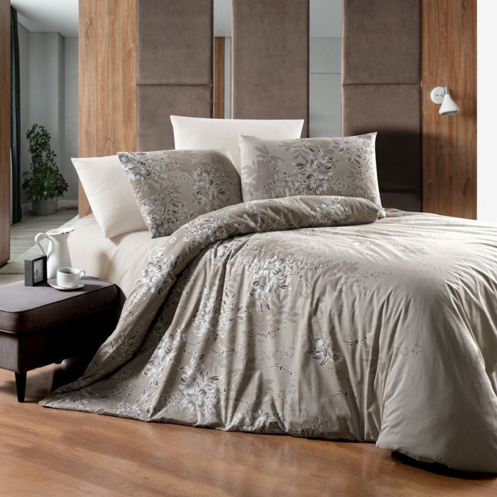 Dupla ágynemű garnitúra, 100% pamut ranforce, 240x260 cm, 6 részes, First Choice, Rumisa Bézs virágos (talaj)