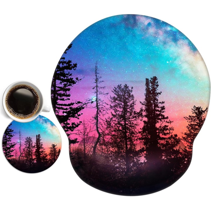 Mousepad ergonomic Newplenty, design galaxie, albastru, 23x25cm, cu suport pentru pahar