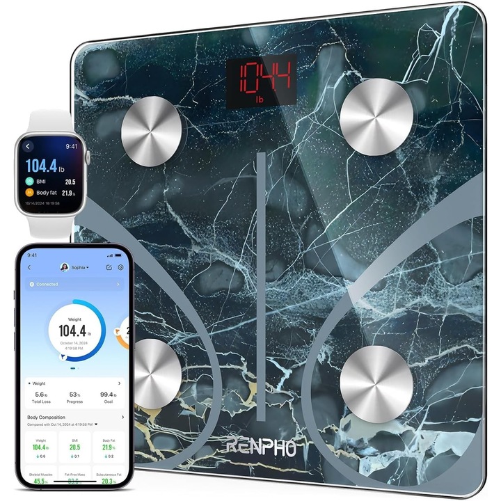 RENPHO Cantar Inteligent pentru Analiza Corpului, Bluetooth, 13 Masuratori: Greutate, Grasime, BMI, Masa Musculara, Proteina, BMR – Model Z Marble