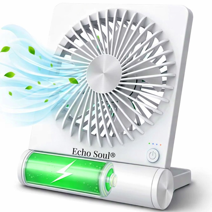 Ventilator Portabil Echo Soul® Pentru Birou, Casa sau Camping, 3 Viteze, USB Type C, Acumulator 4000 mAh, Motor Brushless, Ultra Silentios, Alb, 15 x 5 x 17.5 cm