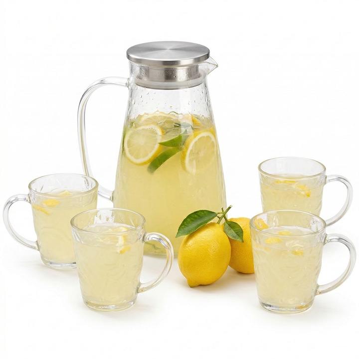 Set Carafa cu 4 Cani Aurov®, Sticla Borosilicata Termorezistenta, Capac Inox cu Filtru, pentru Limonada, Ceai sau Suc, 1600ml / 295ml, Transparent
