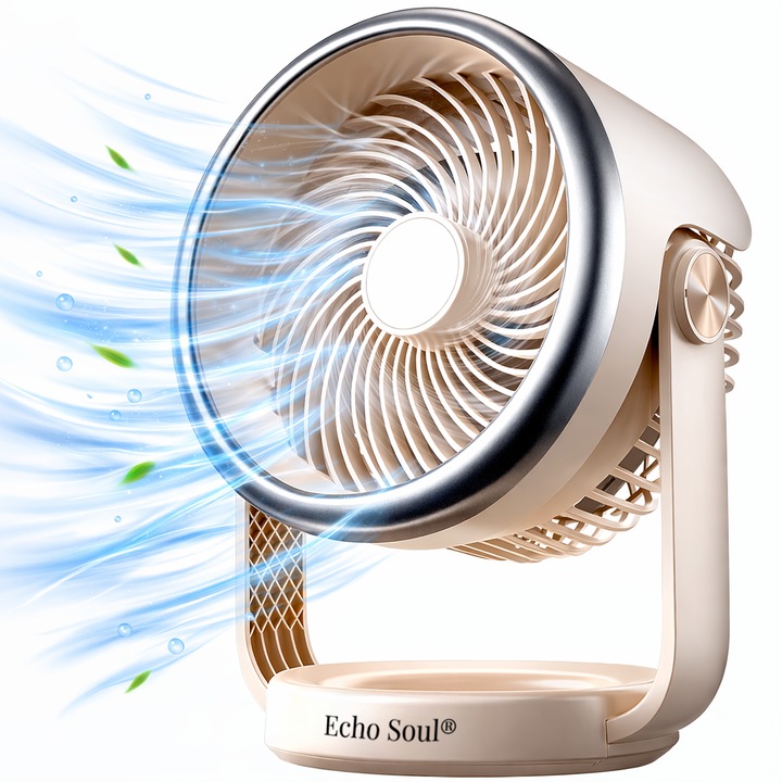 Ventilator Portabil Echo Soul® Pentru Birou, Casa sau Camping, 4 Viteze, USB Type C, Acumulator 4000 mAh, Motor Brushless, Ultra Silentios, Crem, 18 x 5 x 17.5 cm