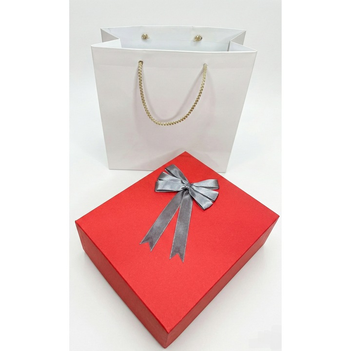 Set pentru cadou cutie si punga - Nicas - cutie carton rosu cu fundita gri 12, 5x15x6 cm - punga cadou 17x17x7 cm - Tip i + P17