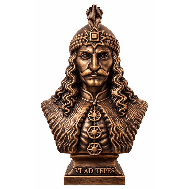 Bust Istoric Vlad Tepes, Statueta Decorativa Premium pentru Birou, Finisaj Bronz Antic, Cadou Pasionati Istorie