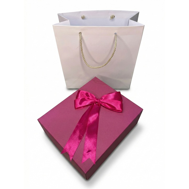 Set pentru cadou cutie si punga - Nicas - cutie carton roz cu fundita roz aprins 12, 5x15x6 cm - punga cadou 17x17x7 cm - Tip i + P17