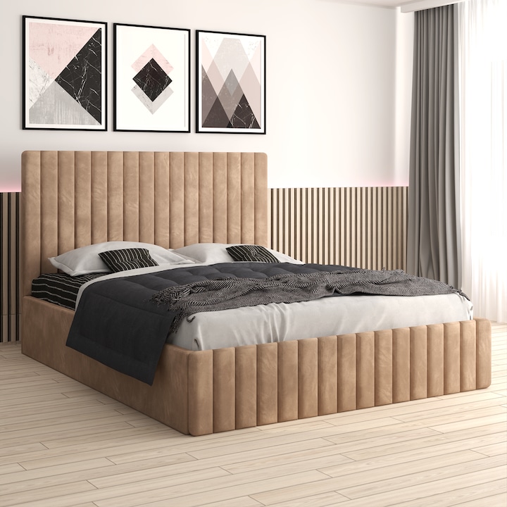 Pat tapitat Melania, 140x200 cm, crem, tablie inalta, cadru solid