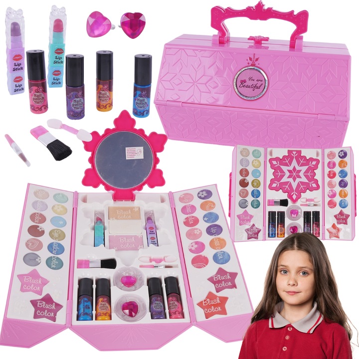 Gyermek kozmetikai készlet, maksik, 12 szemhéjfesték, 6 rúzs, 12 szájfény, 4 körömlakk, 19,9x14,7x14,3cm
