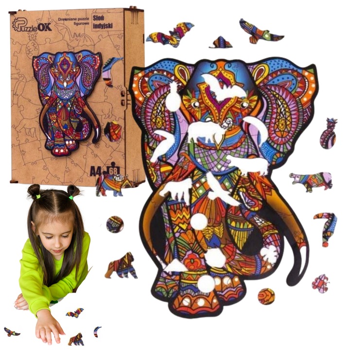 Fajáték puzzle 68 darabos, Indiai Elefánt, A4, PuzzleOk