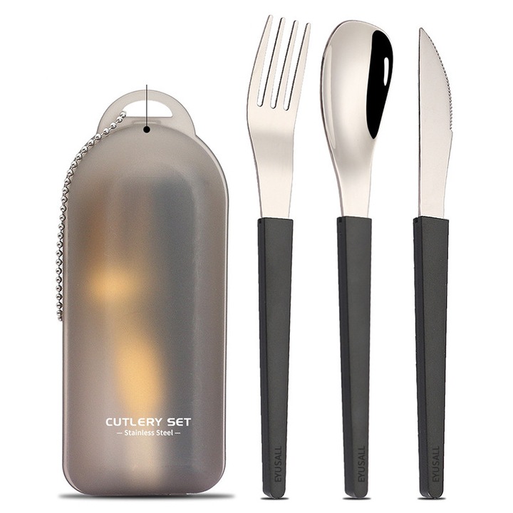 Set de Tacamuri 3 Piese, EYUSALL, Otel Inoxidabil, Cutite, Furculite, lingurita, Design detasabil, Argintiu