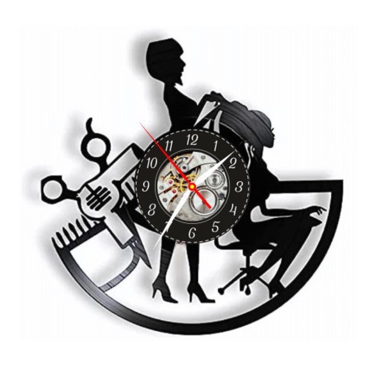 Dekoratív falióra - Hair Style Studio - Olló, fésű és női sziluett design - bakelit lemezből készült, fekete