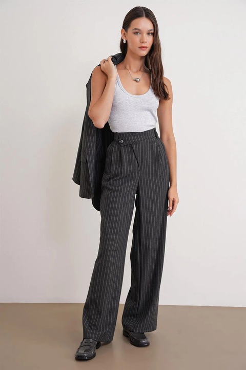 Pantaloni dama, Mixray, talie inalta, picior drept, gri, poliester